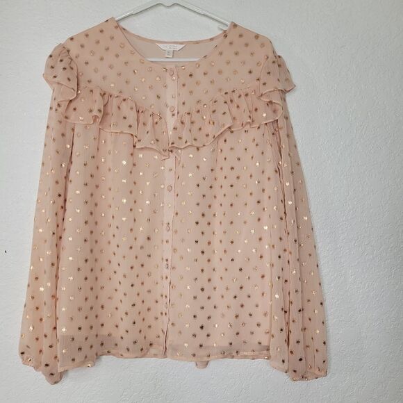 Lauren Conrad Size XL Pink and Shimmer Gold Ruffle Shoulder Long Sleeve Blouse - Picture 7 of 9